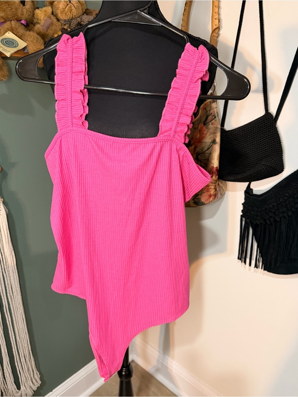 Simply Southern Hot Pink Ruffle Strap Ribbed Bodysuit